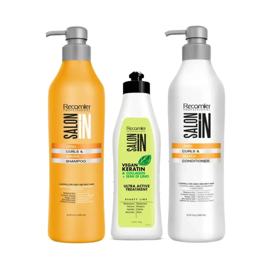 Curl y Waves Shampoo Acondicionador 1L y Tratamiento Ultra Active 500 ml SALON IN