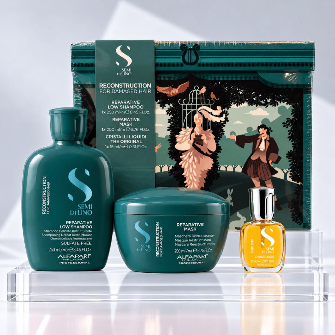 Alfaparf Milano Semi Di Lino Reparative Pack Shampoo 250 ml + Mascarilla 200 ml + Cristalli liquidi 15 ml