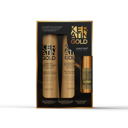 Keratin Gold - Shampoo 300 ml y acondicionador 300 ml Aceite 47 ml