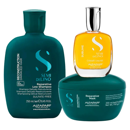 Alfaparf Milano Semi Di Lino Reparative Pack Shampoo 250 ml + Mascarilla 200 ml + Cristalli liquidi 15 ml