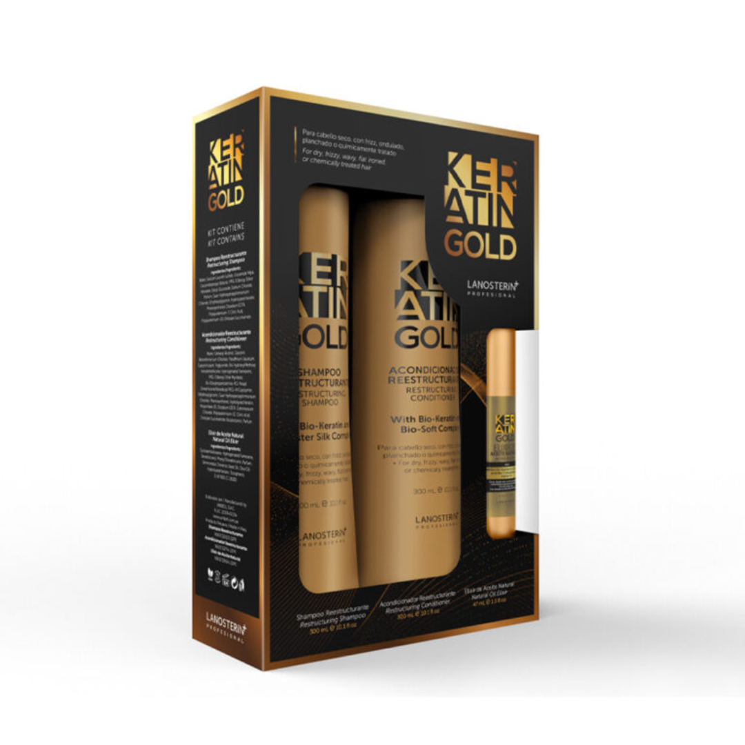 Keratin Gold - Shampoo 300 ml y acondicionador 300 ml Aceite 47 ml