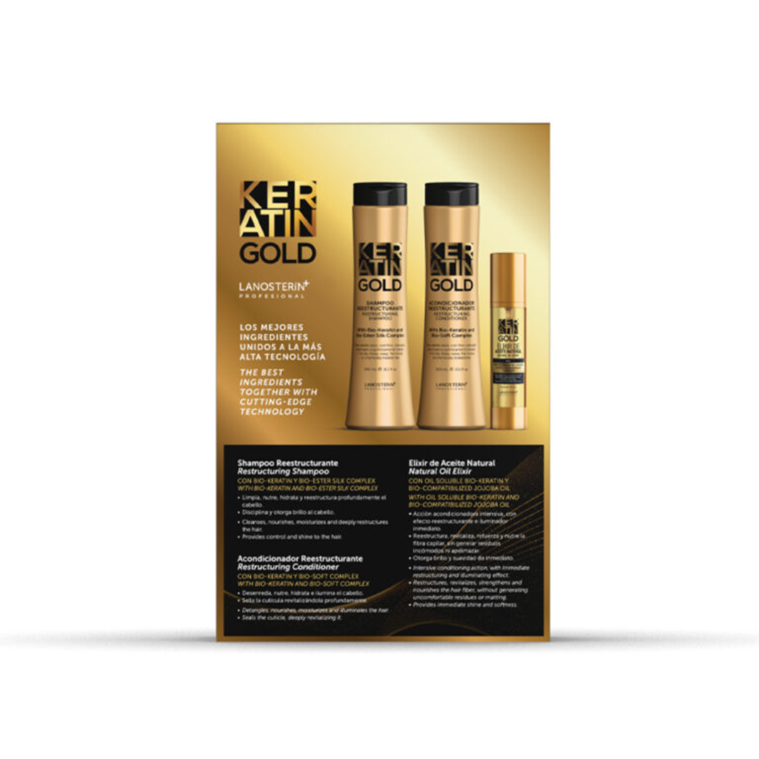Keratin Gold - Shampoo 300 ml y acondicionador 300 ml Aceite 47 ml