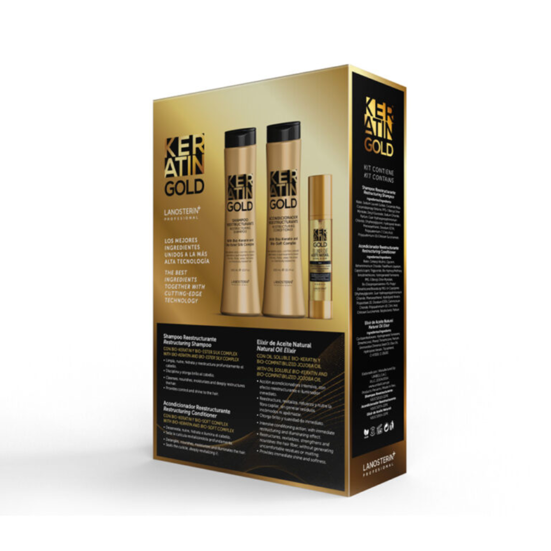 Keratin Gold - Shampoo 300 ml y acondicionador 300 ml Aceite 47 ml